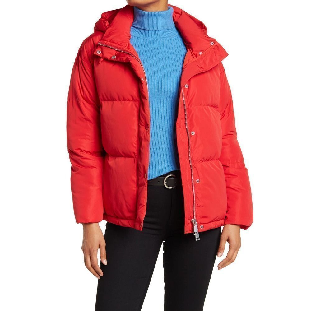 Rebecca Minkoff Zayne Quilted Puffer Down Jacket Red Large Hooded Long Sleeve